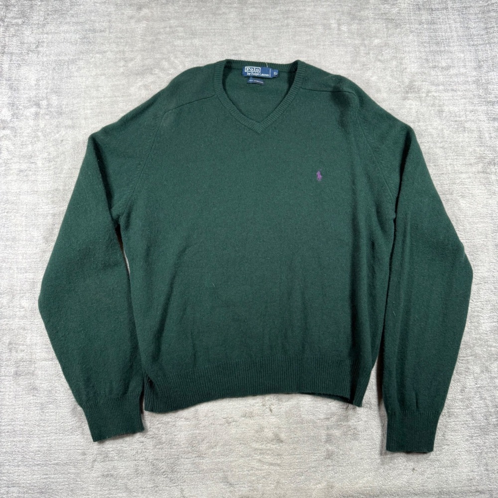 Polo Ralph Lauren Sweater Mens XL Green V Neck 100% Lambswool Purple Pony Golf